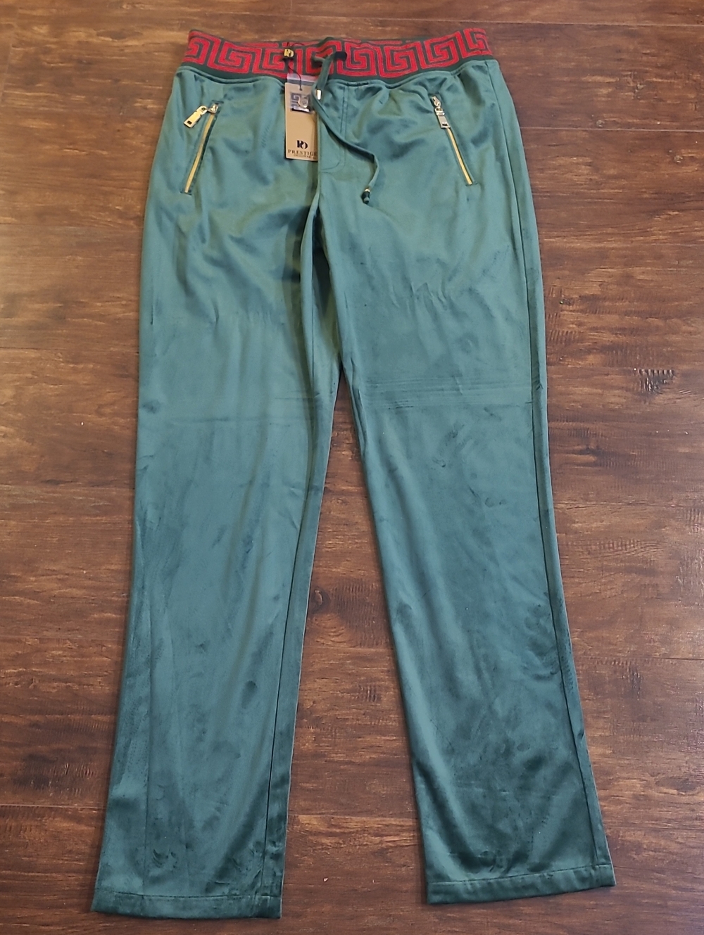 Prestige Original Men's Velour Green Track Pants with Red Waistband - Designer L